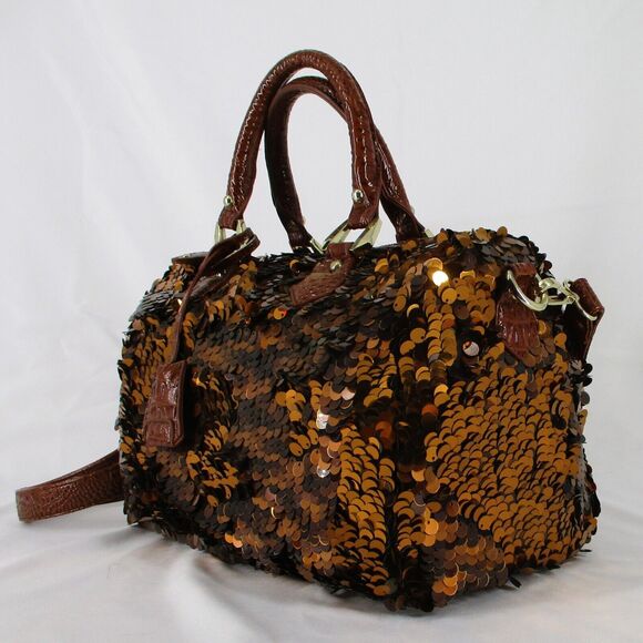 Copper Autumn Brown Sequin Top Handle Shoulder Strap Tote Purse Duffel Bag - Picture 2 of 8